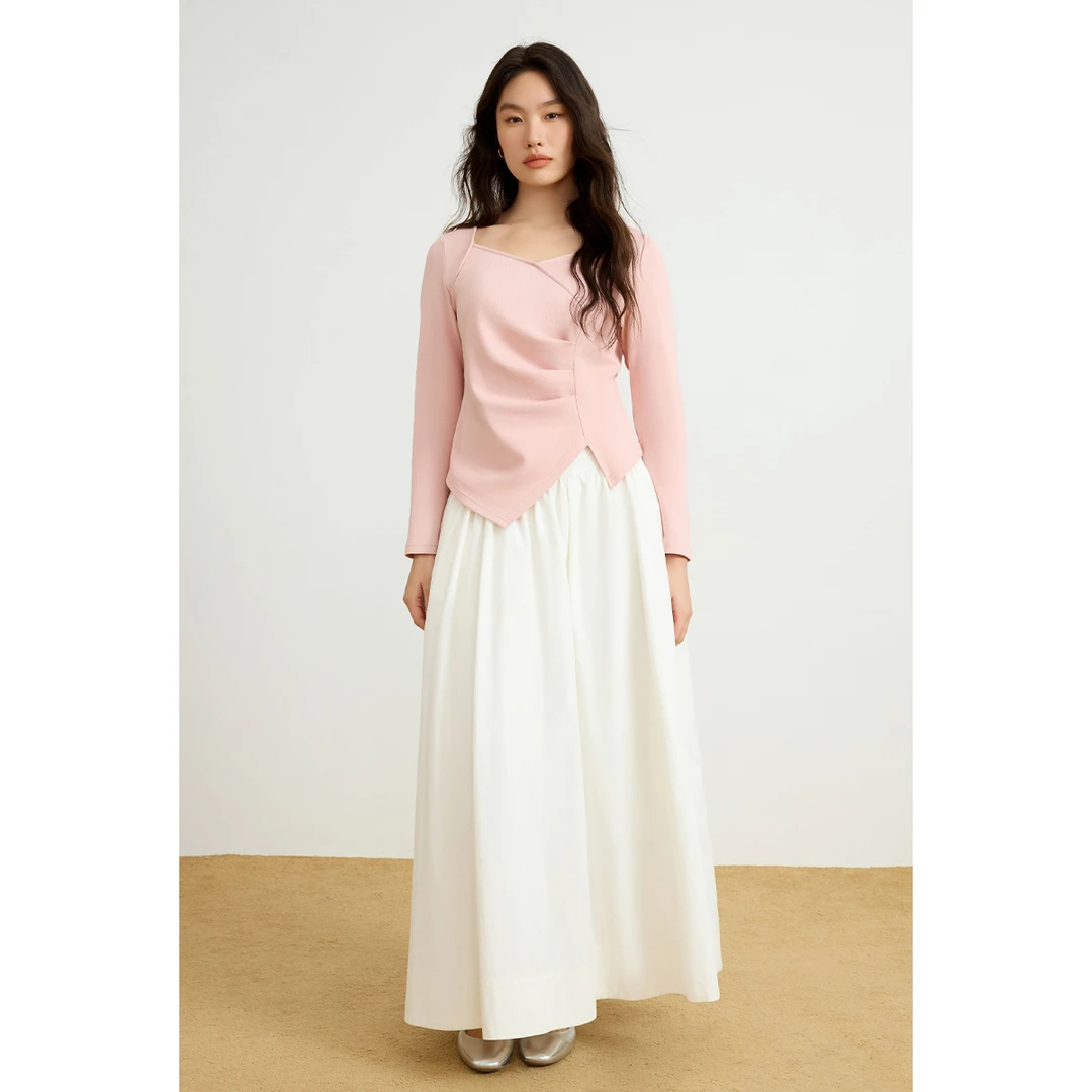 独束微胖大码女装芭蕾风褶皱长袖T恤不对称下摆显瘦上衣25DS81124