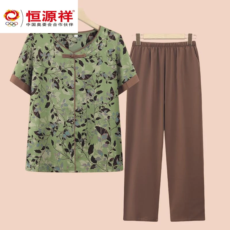 中年连衣裙恒源祥彩羊中老年女碎花短袖时尚套装休闲宽松奶奶装恤