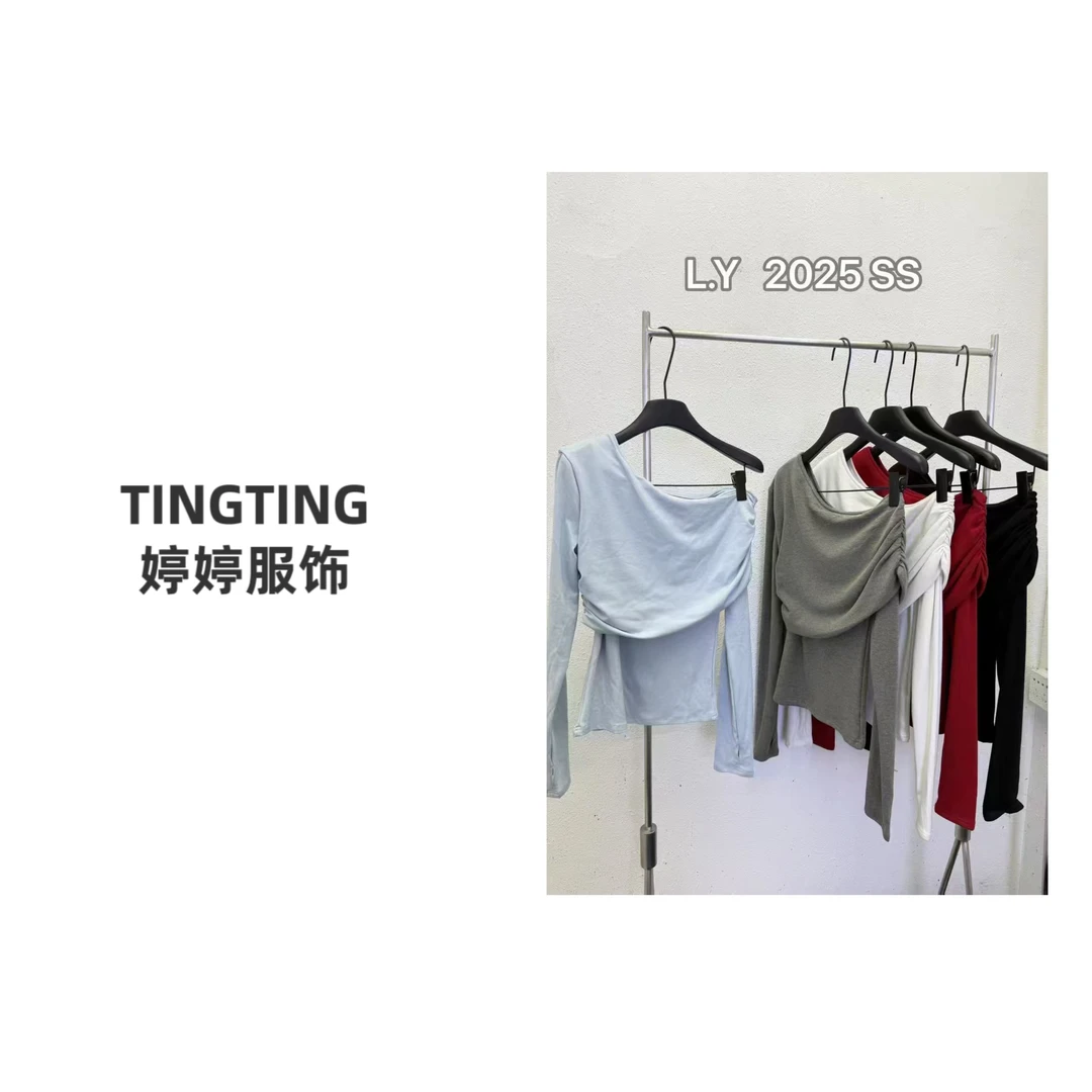 【TINGTING】新款韩系斜领露肩长袖T恤修身短款上衣