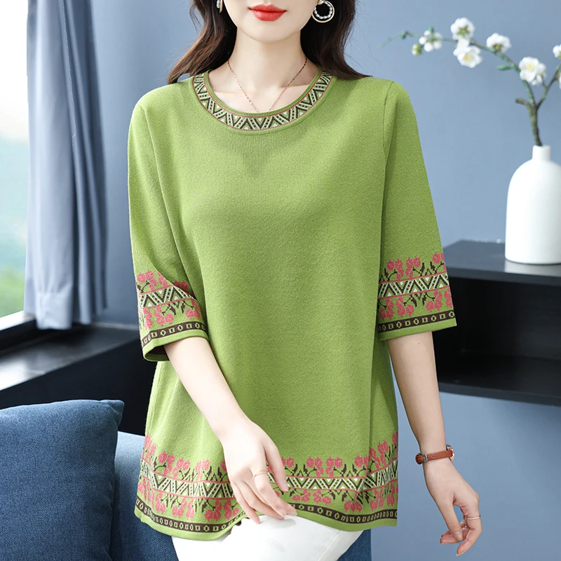 中老年大码女装桑蚕丝T恤妈妈宽松遮肚上衣春夏季薄款冰丝针织衫