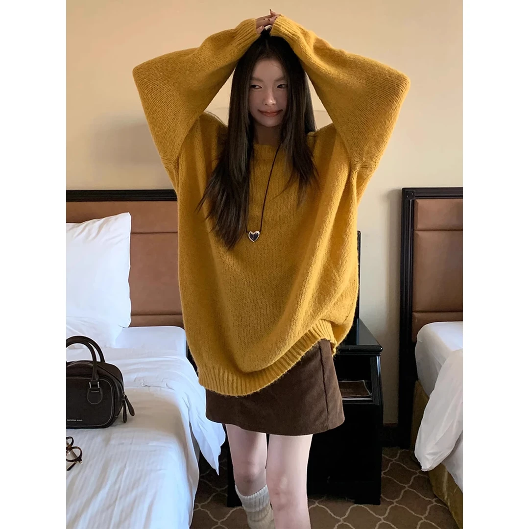 超好看宽松南瓜黄色针织衫软糯毛衣女款2025秋季新款韩系穿搭上衣