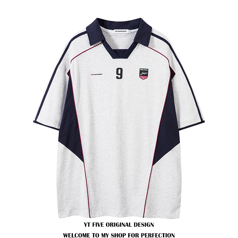 YTFIVE潮牌美式拼接撞色字母徽章印花翻领短袖T恤男女宽松V领半袖