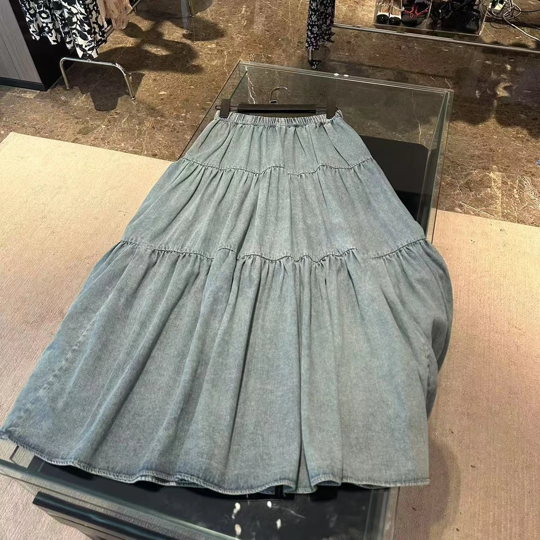 春夏新款松紧荷叶拼接牛仔半身裙