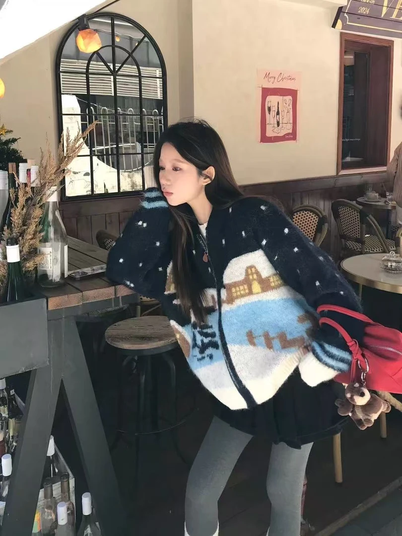 A425-韩系费尔岛提花加厚长袖毛衣外套女秋冬针织开衫软糯上衣