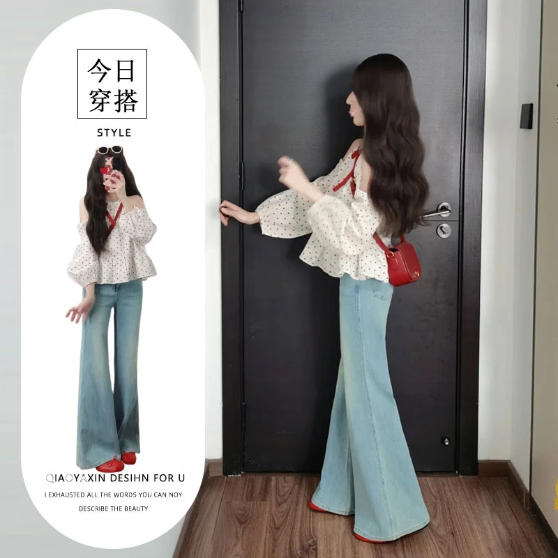 韩系穿搭一整套2025新款甜美风蝴蝶结波点露肩上衣牛仔裤两件套女