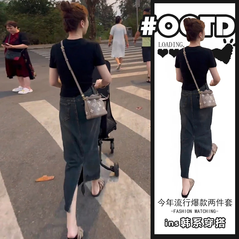 冷淡系独特别致套装女夏季黑色气质短袖上衣开叉牛仔半身裙两件套