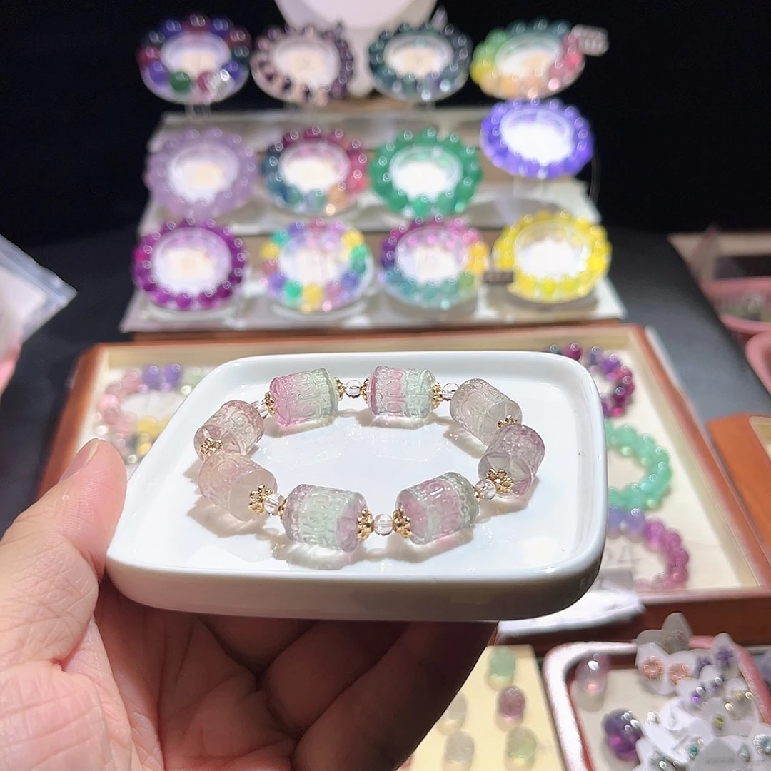 手链未镶嵌萤石12mm粉绿回纹桶珠