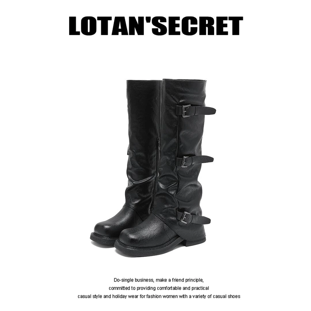8cm增高厚底裤管靴子女秋季骑士靴粗跟皮带扣中筒堆堆靴时尚潮流