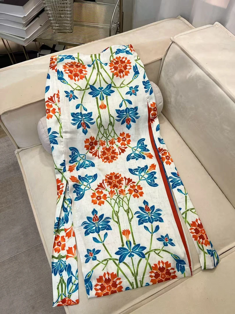 【向阳花】小众民族风波浪腰侧面双开叉飘带显瘦半身裙长裙