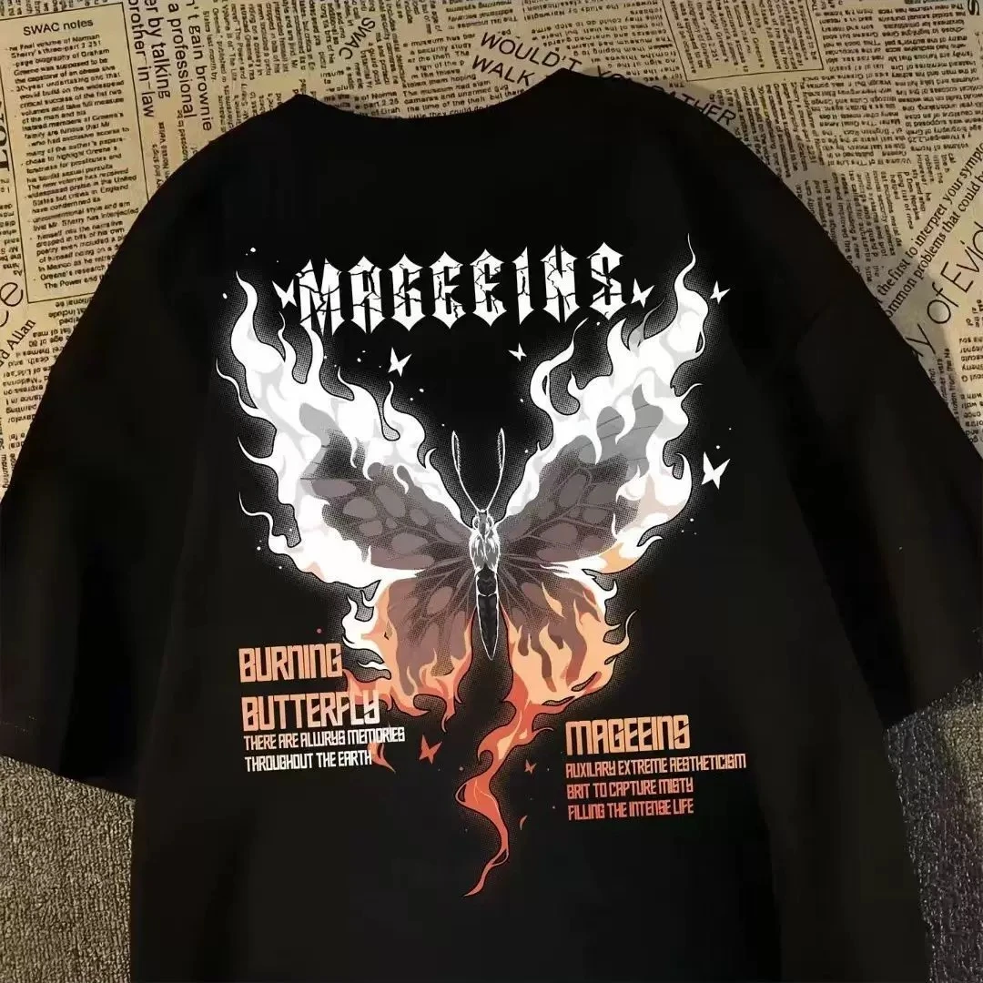 特大码300斤蝴蝶印花短袖t恤宽松夏季100%纯棉美式复古圆领上衣服