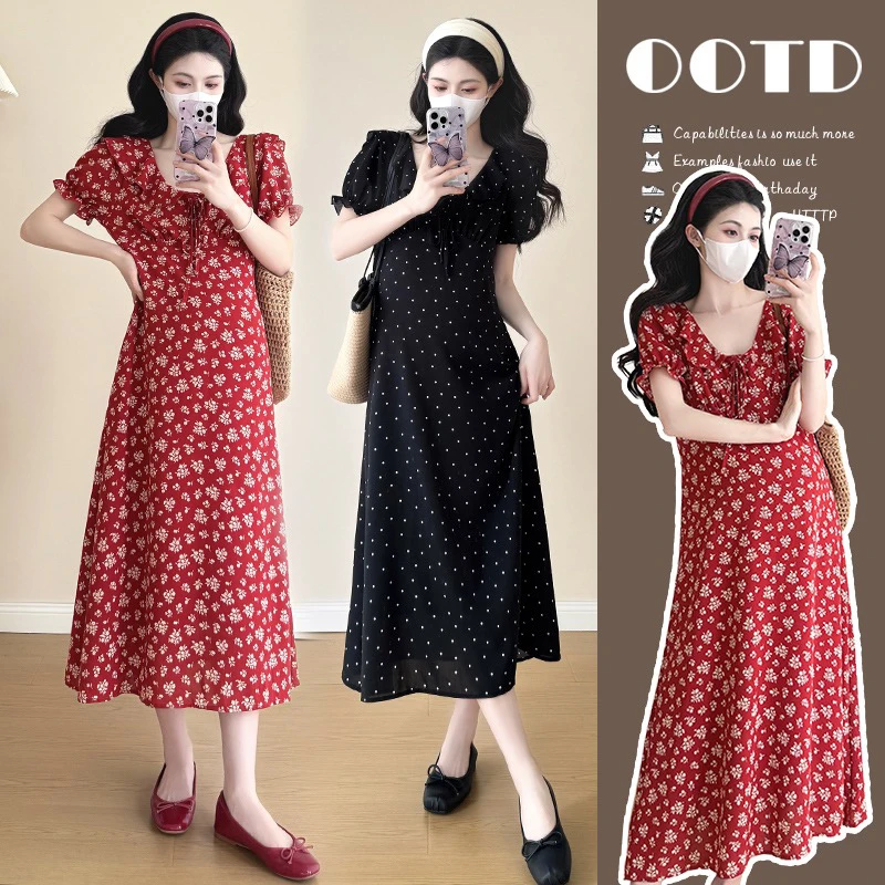 孕妇装2025夏季新款法式v领荷叶边淑女风红色碎花孕妇中长款裙子