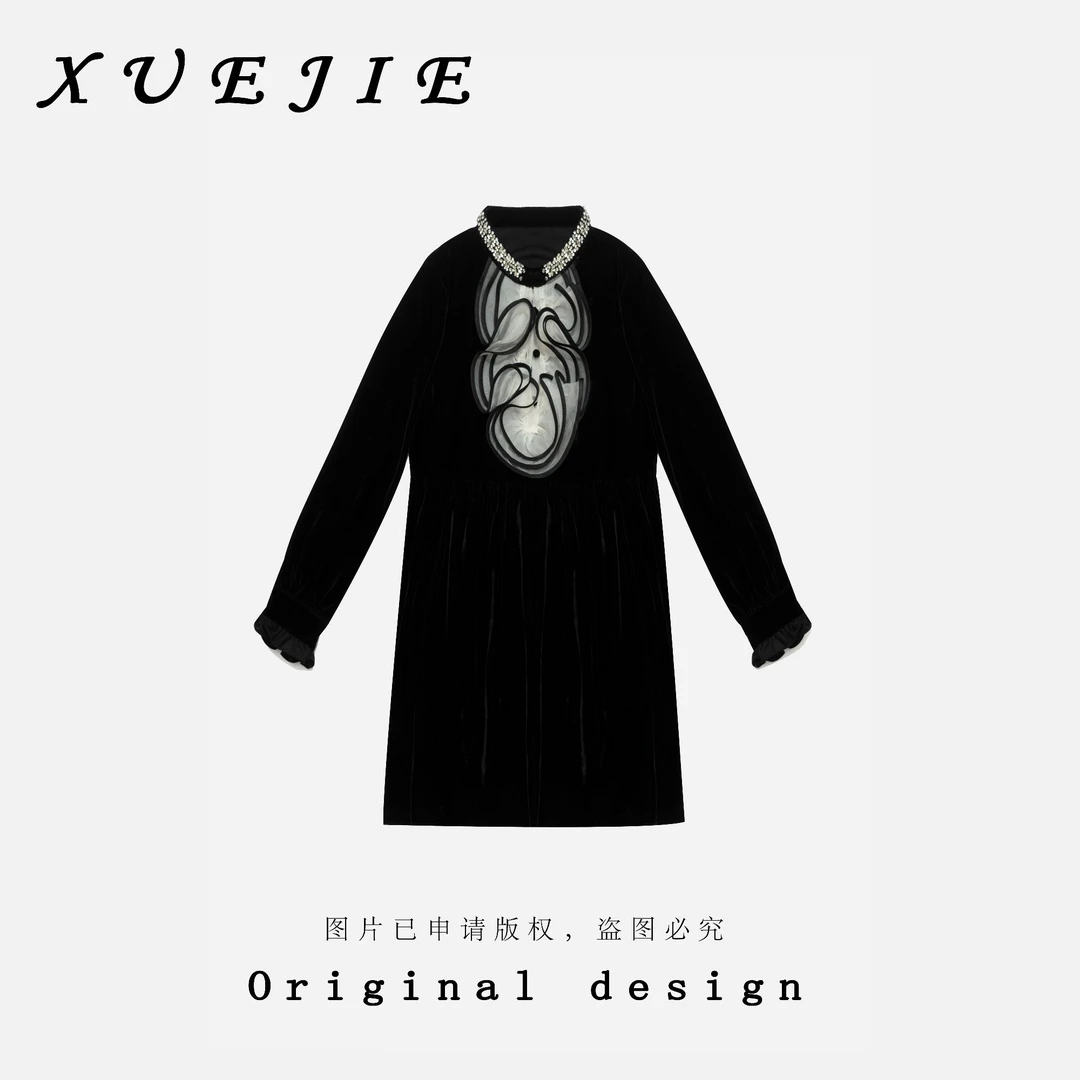 逸焰【雪姐流光溢彩】-法式复古气质高雅圆领亮钻丝绒裙-61161