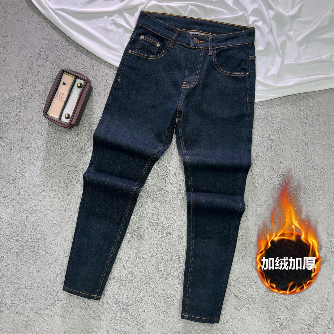 原牛秋冬男款加绒牛仔裤2025深蓝色修身小直筒百搭美式高街长裤子