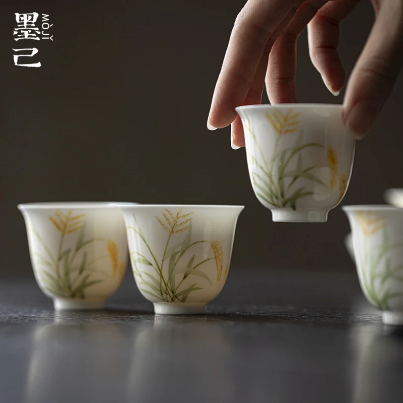 墨己玉泥金穗摇曳麦穗品茗杯家用功夫茶具陶瓷茶杯玉瓷单杯喝茶杯