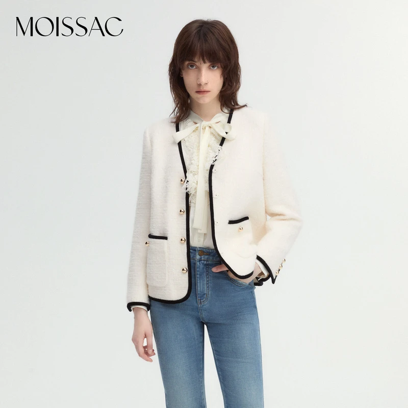 【星线好物】 摩萨克冬V领宽松香风撞色饰边粗花呢外套女