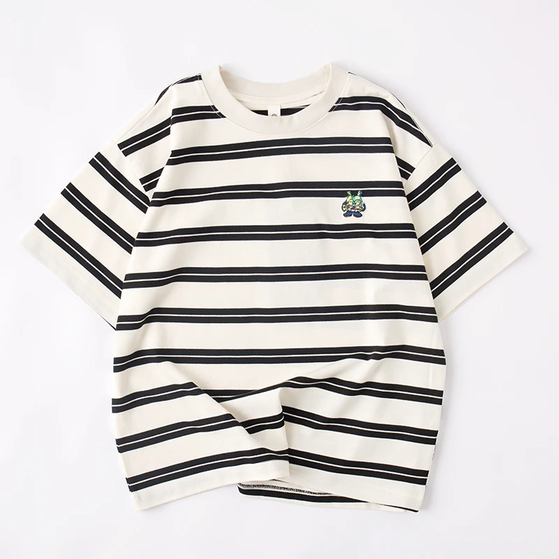 吴小越w965男童韩版条纹刺绣短袖印花T恤2025款上衣儿童夏季宽松
