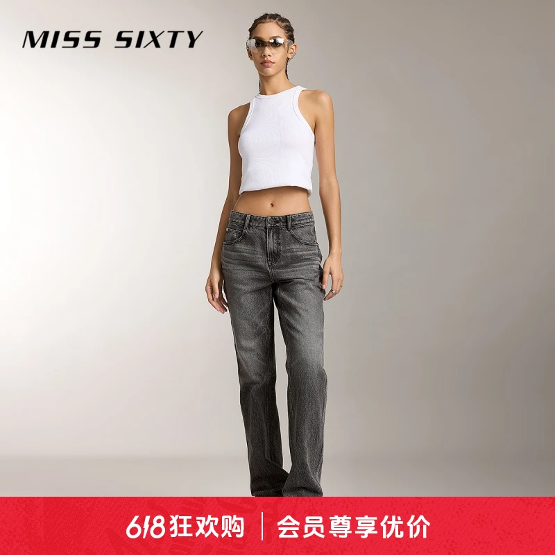 Miss Sixty牛仔裤女磨白直筒长裤百搭通勤休闲雅丹风