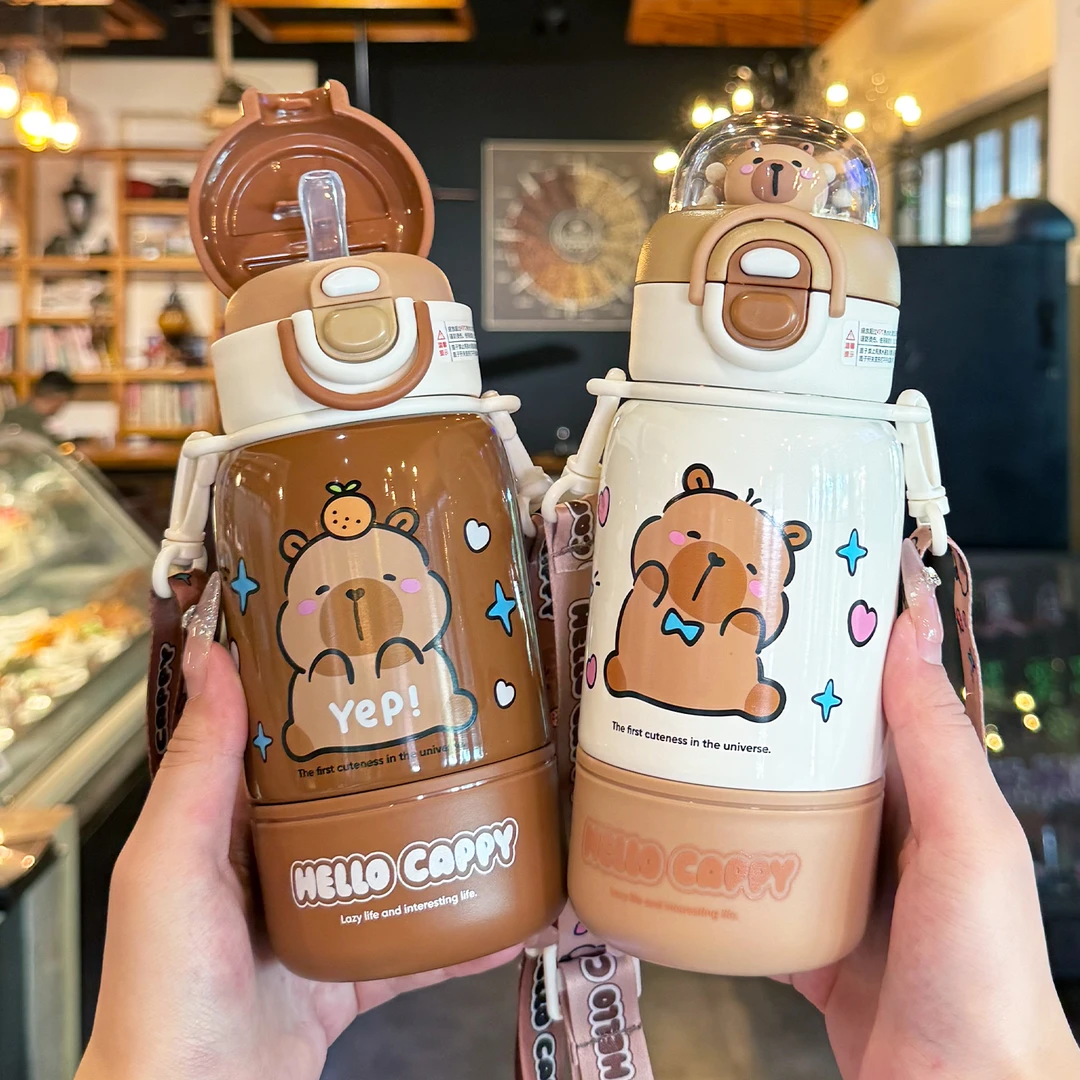 儿童保温杯卡皮巴拉男女孩2025新款小学生上学专用双饮吸管水杯子