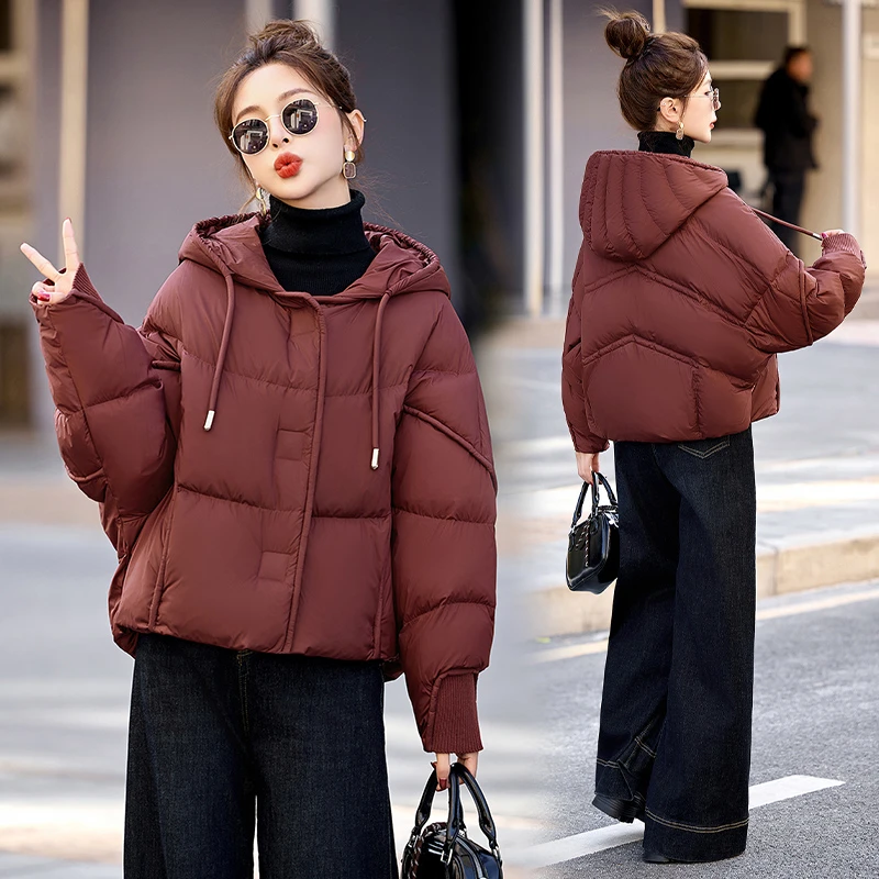 小个子连帽短款羽绒服女2024冬季新款韩版宽松白鸭绒面包服外套潮