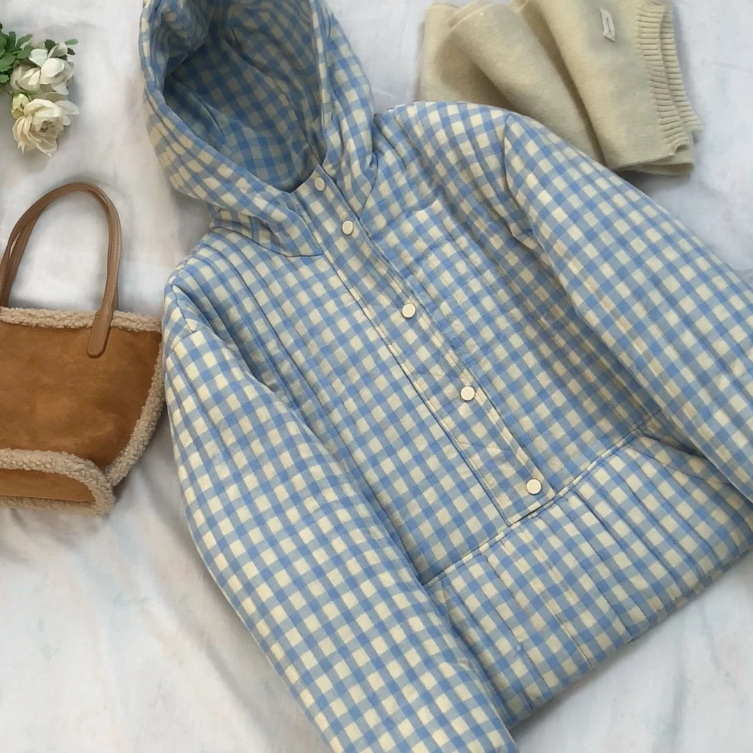 J1830 宽松连帽通勤冬季减龄休闲甜美百搭套头连帽格子棉服