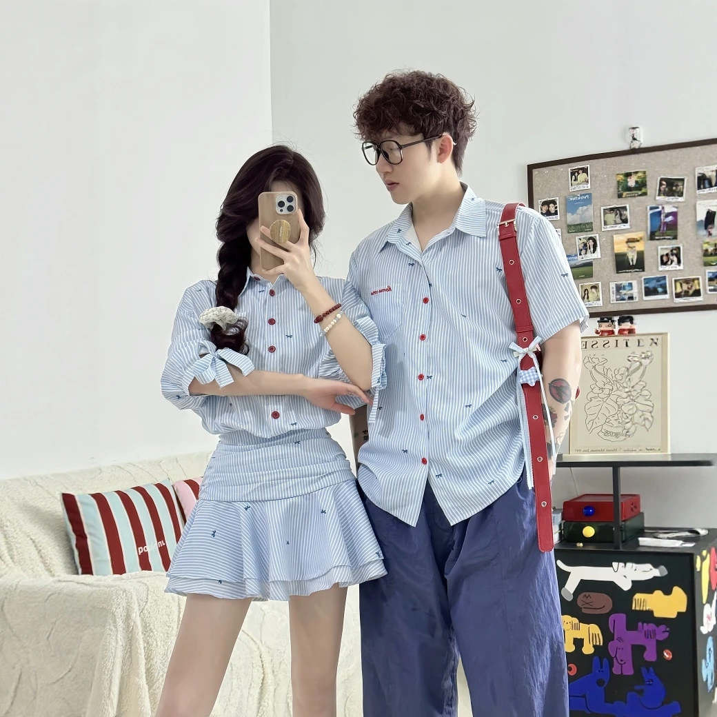 情侣装夏装ins超火一裙一衣2025新款法式学院风中袖衬衫连衣裙潮