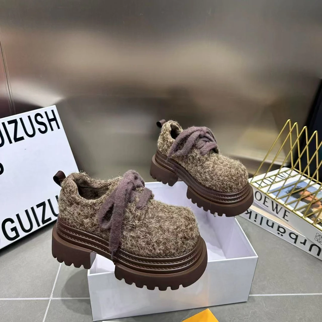 新款慵懒布偶猫圈圈毛格雷系加棉一脚蹬厚底乐福鞋