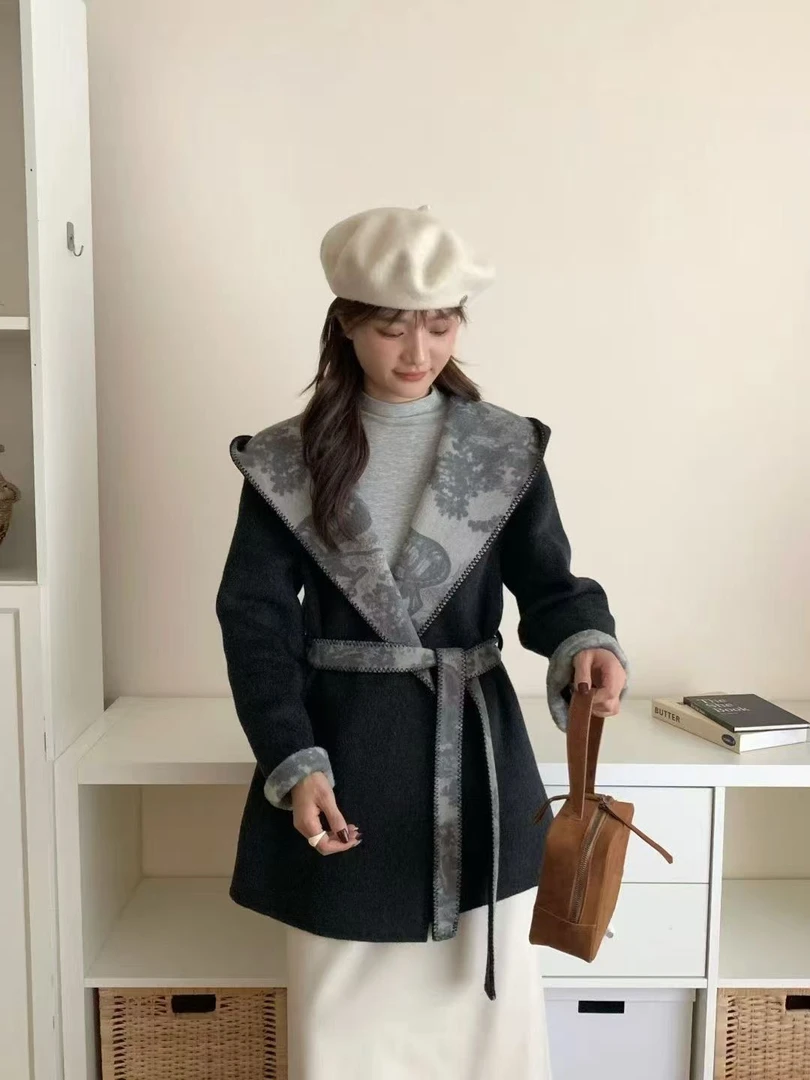 连帽双面羊毛大衣女25秋冬新款韩系小个子高端气质宽松羊毛呢外套