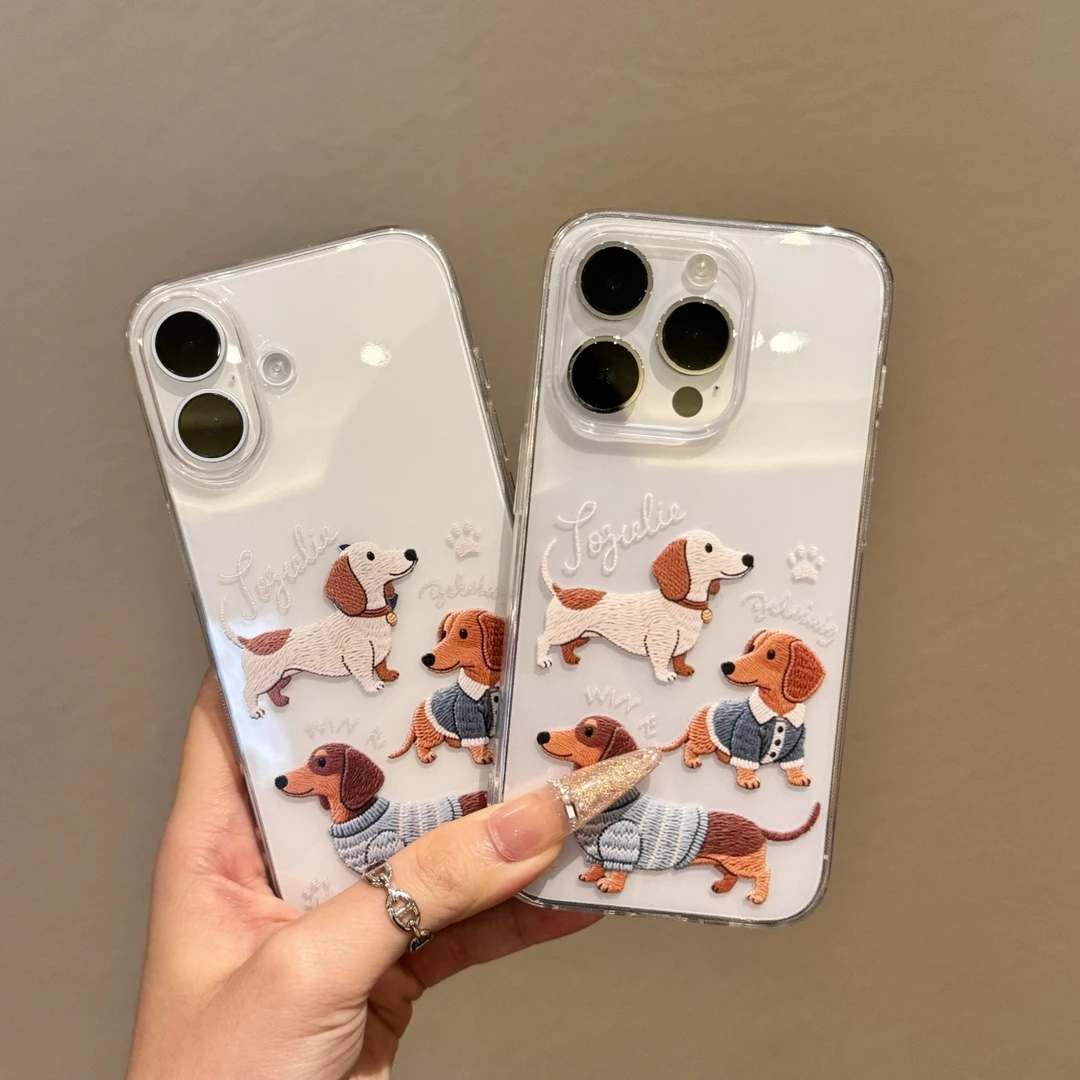刺绣风腊肠狗适用苹果16小米oppovivo华为p70iPhone14/15国产精孔