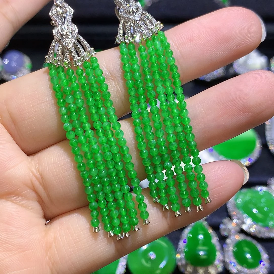 翡翠18K金镶嵌耳饰高冰满绿流苏耳坠