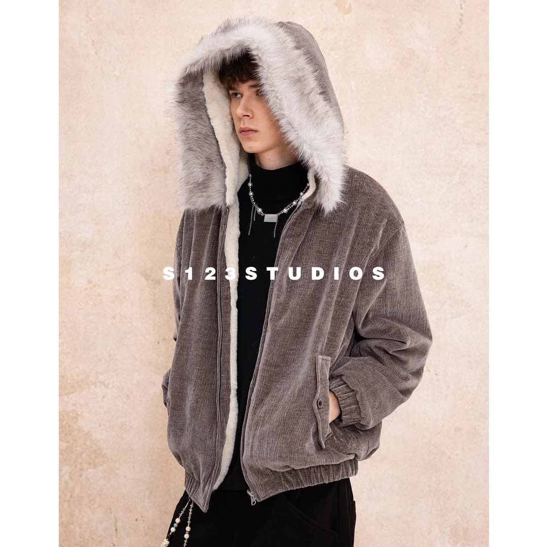 美式树皮纹座山雕大毛领棉服男冬季双面穿宽松保暖夹克外套