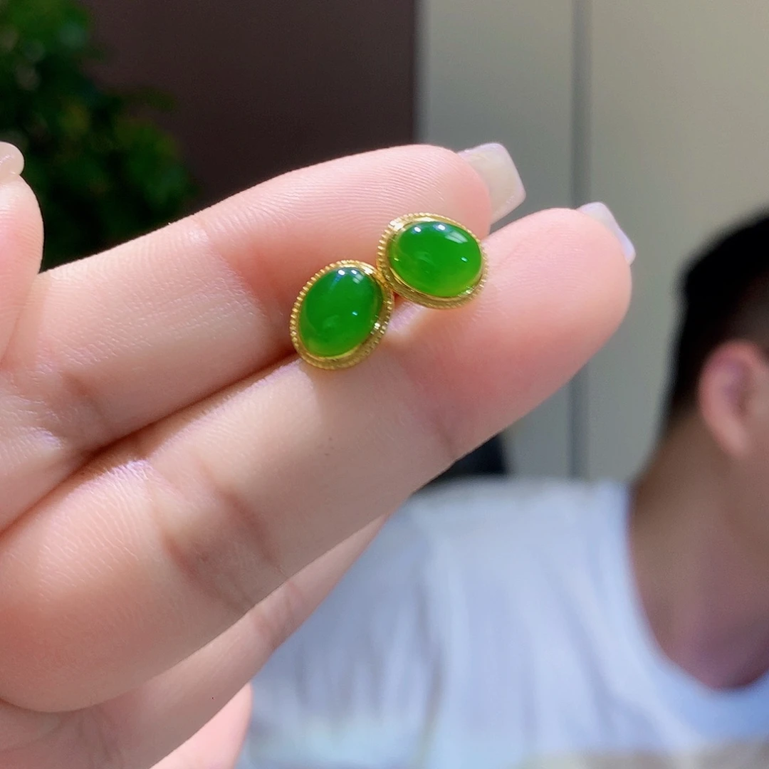 和田玉（碧玉）银S925镀金镶嵌耳饰