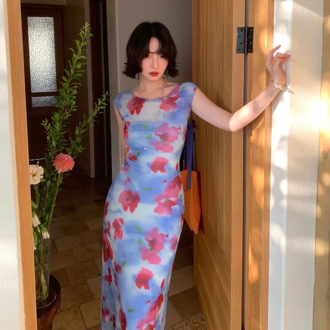 酒午自制【红蚀蓝纱】 法式复古印花连衣裙＋防走光吊带裙两件套裙
