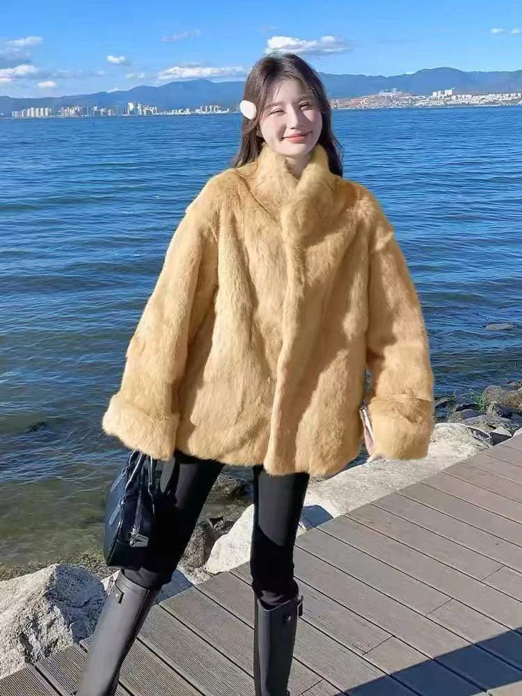 【富人区3.0】2025新款挽袖兔毛皮草外套中长款女皮毛一体