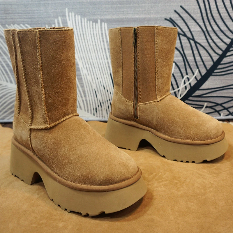 冬季新款高跟厚底女雪地靴 牛皮女士马丁靴侧拉链中筒靴27-14B