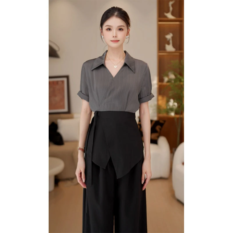 雪er【一枕清风】夏季新品拼色短袖衬衫女宽松显瘦上衣WV2026001