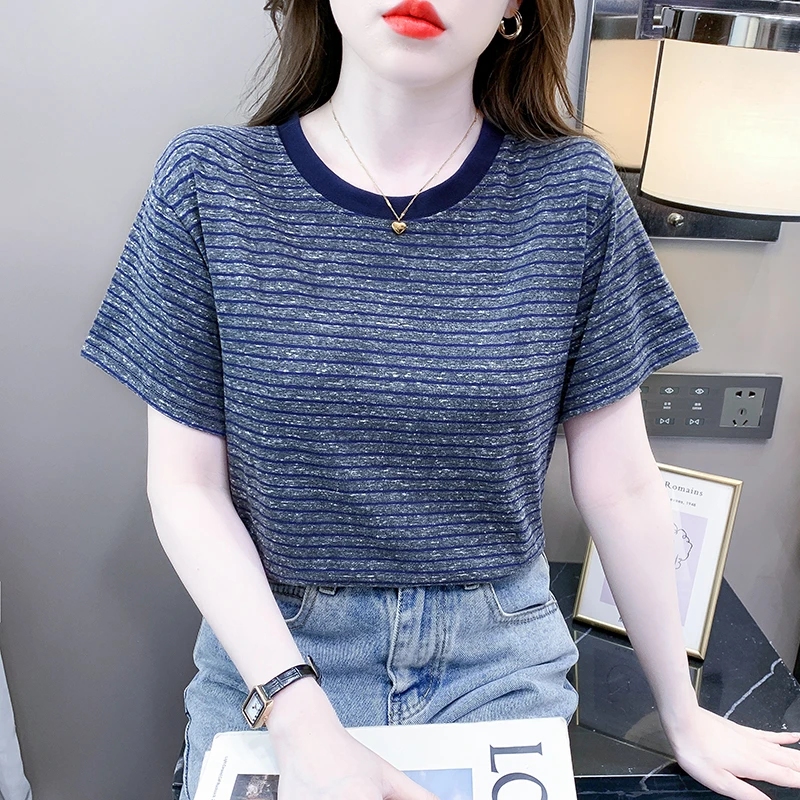 2025夏新款蓝色上衣宽松时尚条纹短袖t恤女圆领百搭撞色减龄体恤