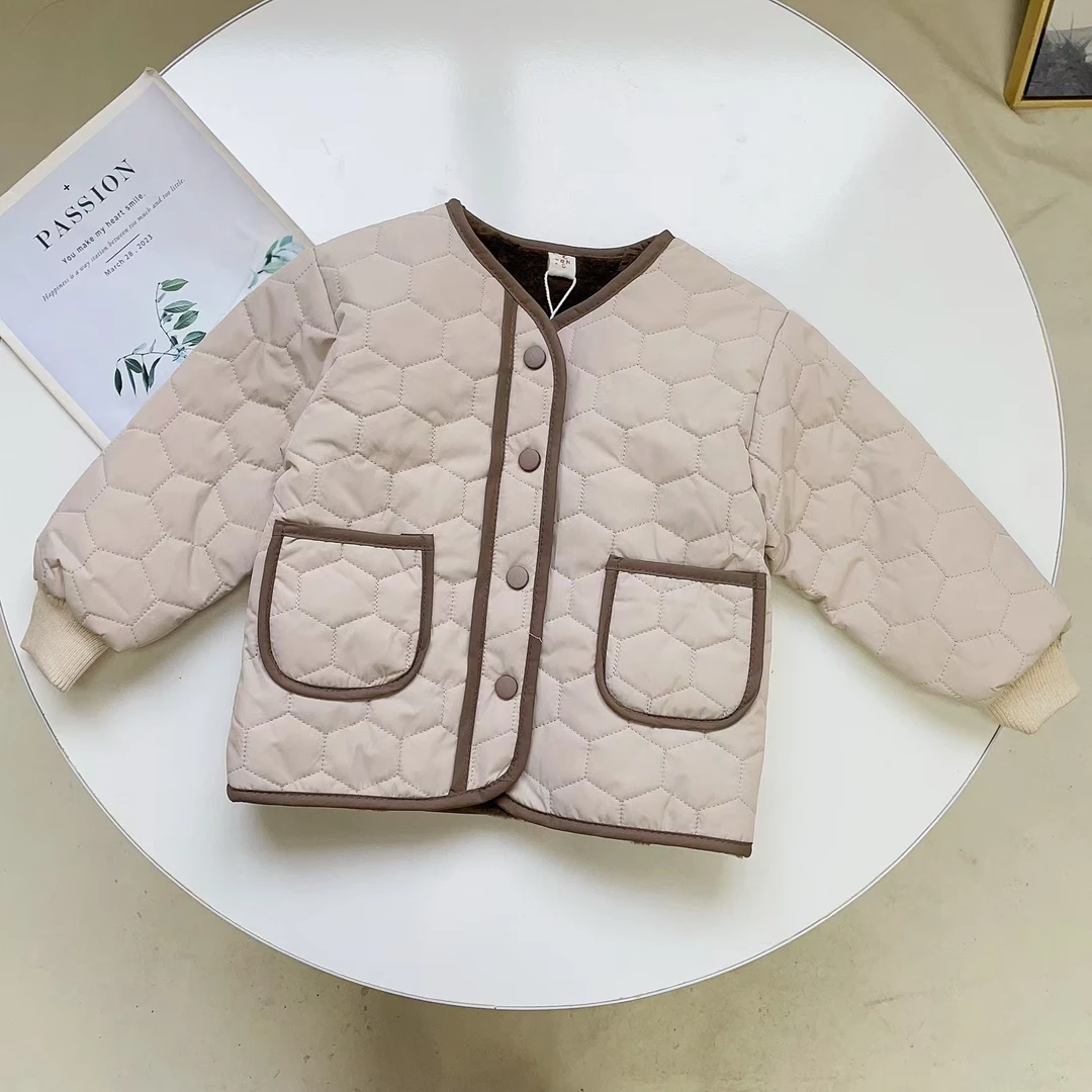 N5126儿童韩版秋冬通用洋气百搭 口袋门襟撞色棉衣A2803