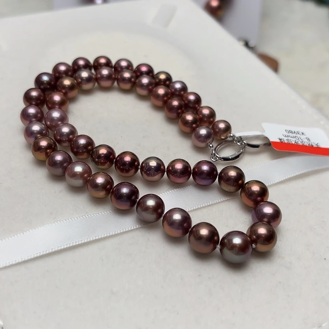 淡水珍珠颈饰银S925镶嵌8-10正圆拉菲酒红糖果