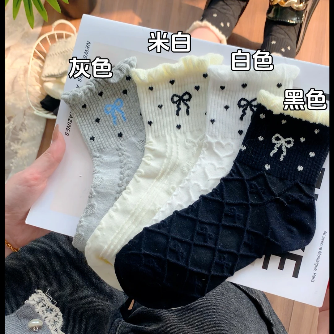 蝴蝶结浮雕泡泡口花边春夏新款堆堆袜学生ins潮女棉袜网红中筒袜