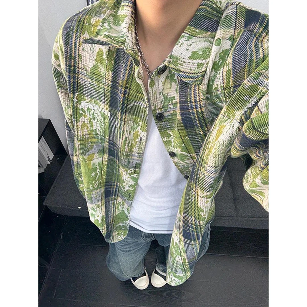 vintage绿色扎染格子衬衫男款美式复古情侣长袖衬衣外套叠穿上衣