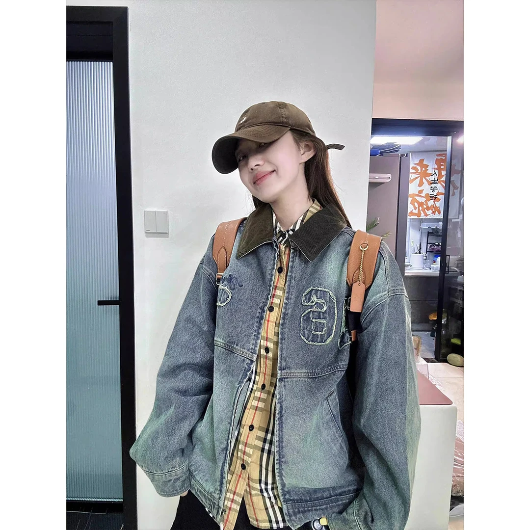 美式高街水洗做旧复古翻领撞色牛仔外套女25早秋新款潮流宽松夹克