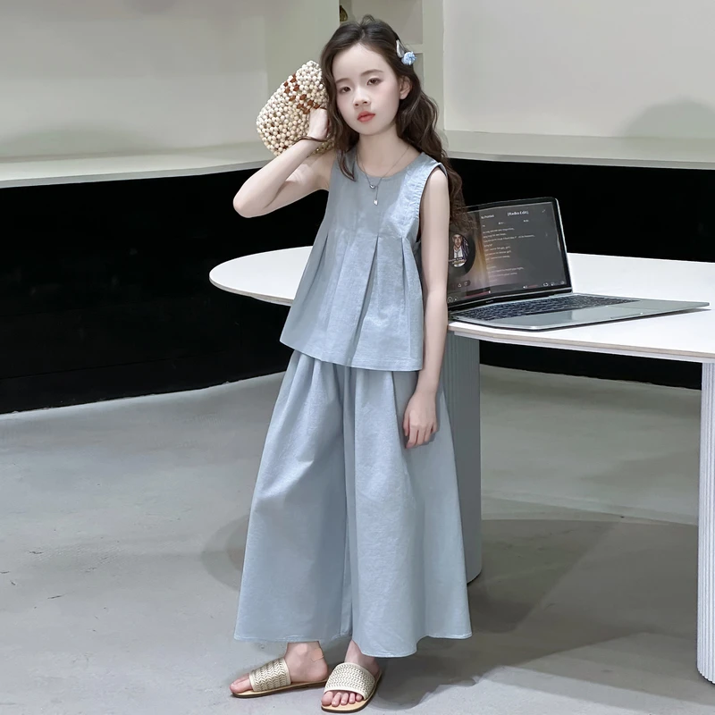 女童棉麻套装夏装2025新款时髦大童薄款无袖背心儿童夏季阔腿裙裤