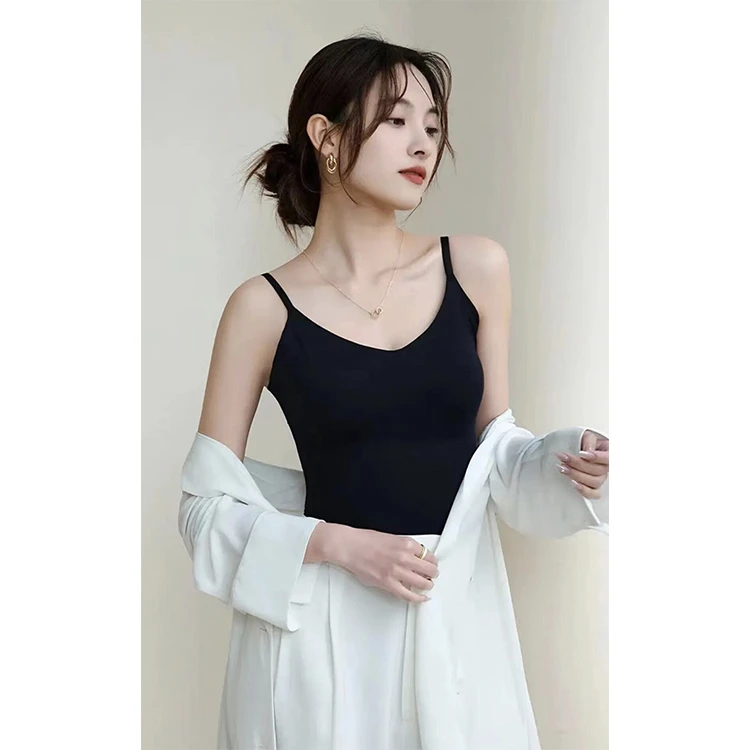 欧洲站无痕冰丝空气杯吊带背心带胸垫外穿内搭美背修身打底上衣女