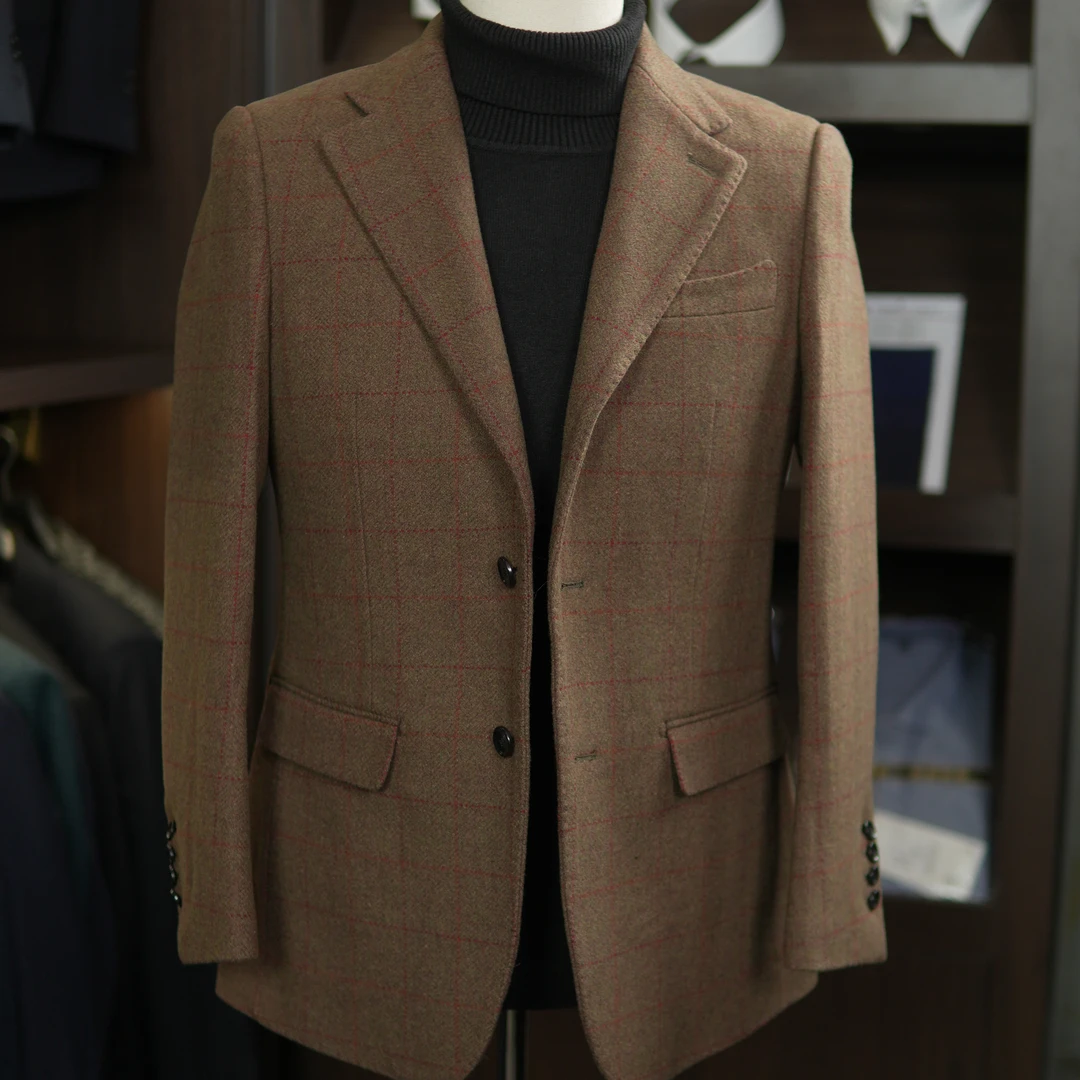 梵沦帝纳美拉德金棕红线格纹秋冬羊毛时尚休闲修身西服男士西装