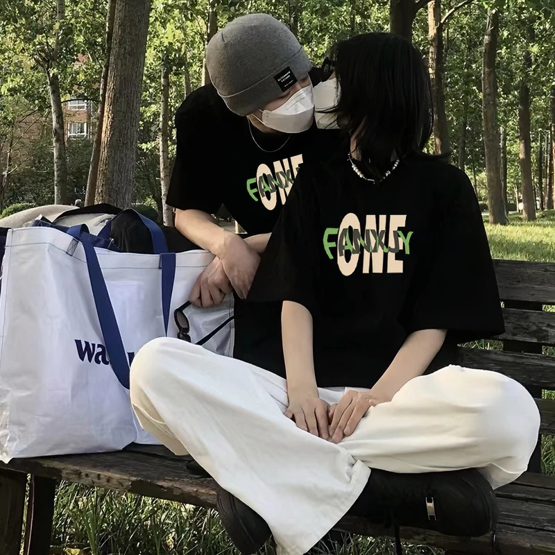 美式复古情侣装夏装2024年新款设计感小众纯棉t恤女夏季