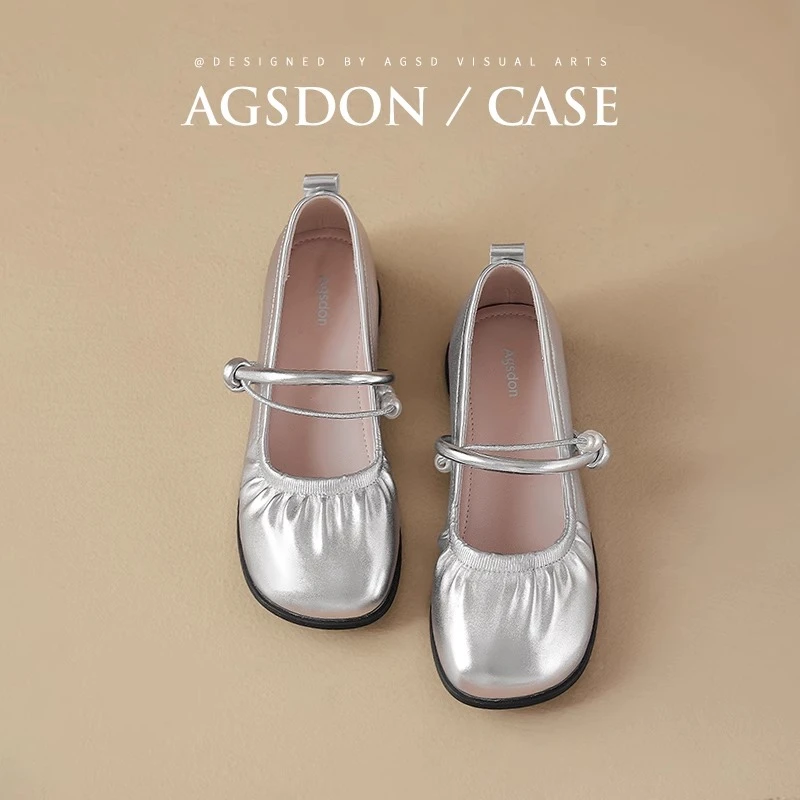 奥古狮登银色单鞋女2025新款夏季浅口平底玛丽珍凉鞋法式软底芭蕾