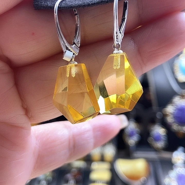 琥珀银S925镶嵌耳饰耳环