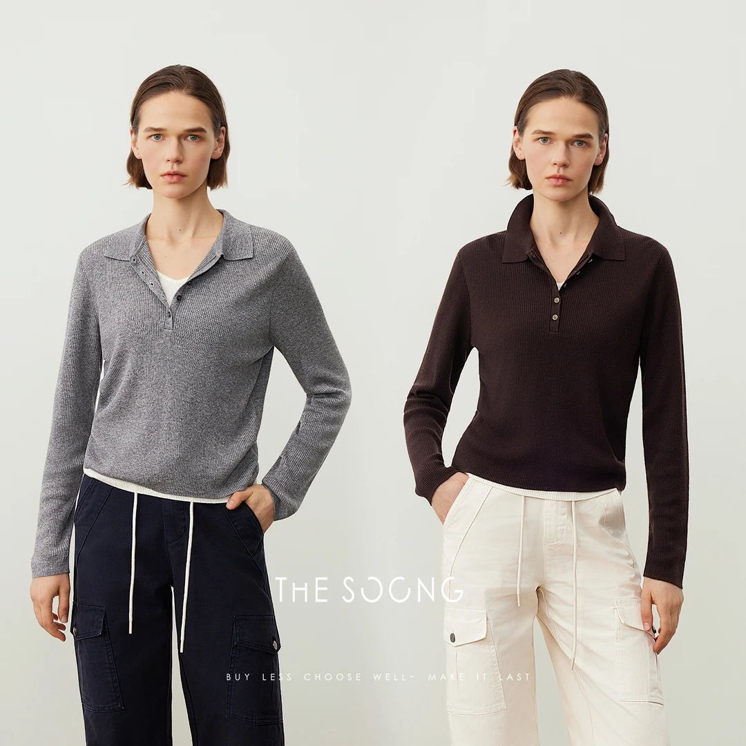 THESOONG|羊毛混纺早秋打底衫女长袖POLO领休闲宽松上衣HWMY7721