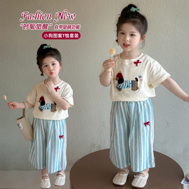 女童夏季休闲两件套韩版卡通阔腿裤套装2025夏季新款洋气网红童装