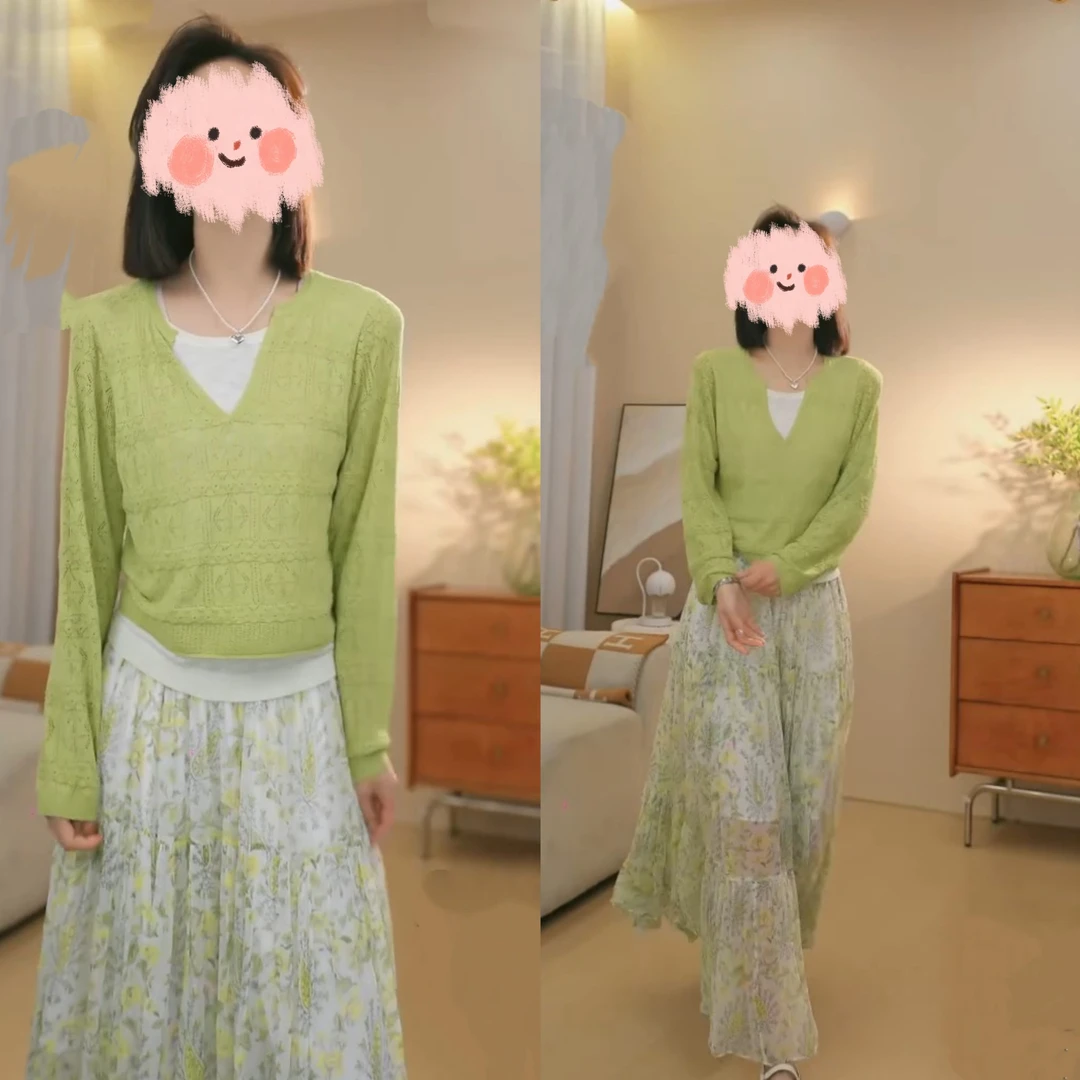 春夏镂空牛油果绿撞色百搭显瘦V领针织衫长袖宽松套头时尚